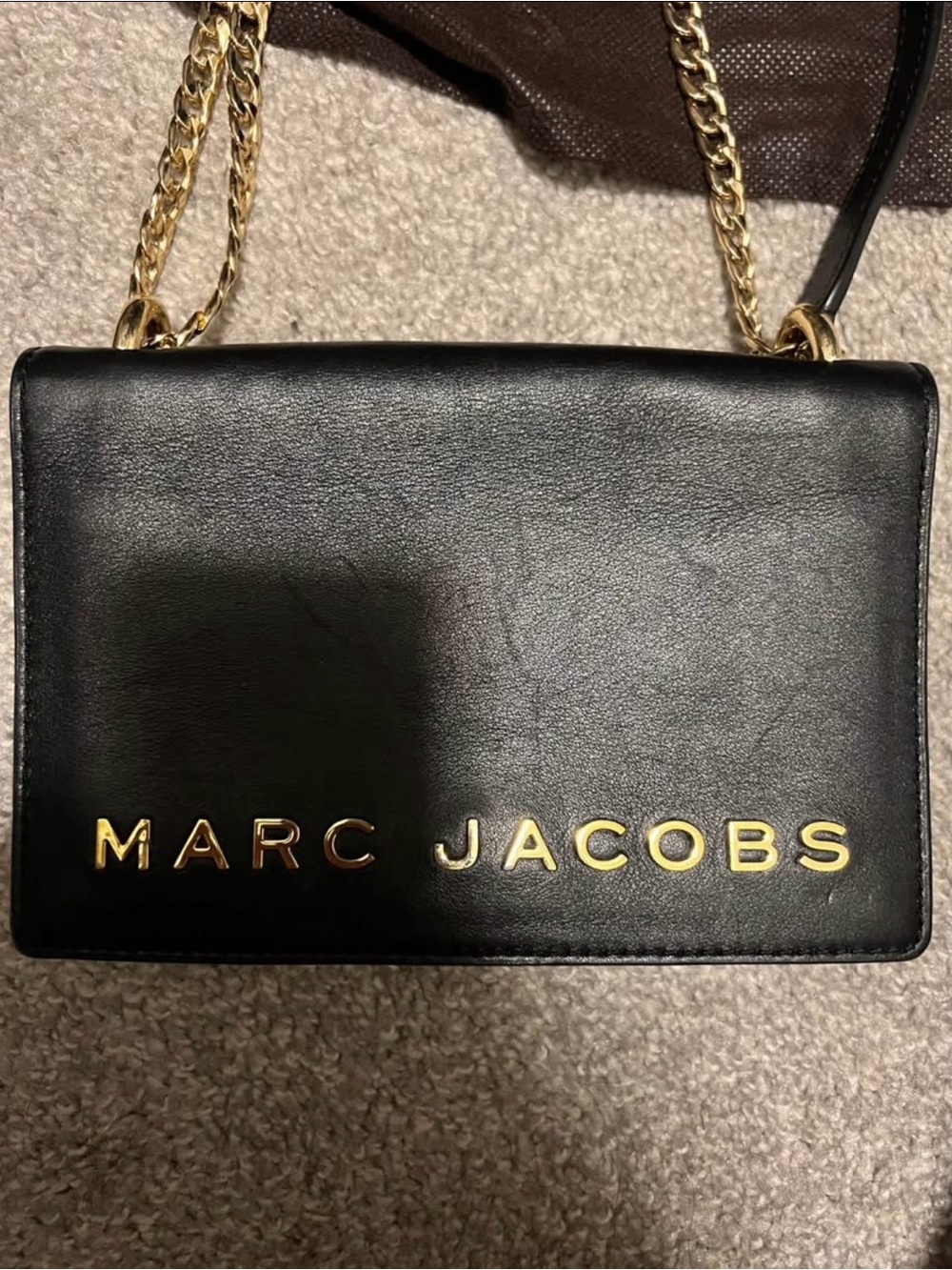 Marc Jacobs Black Leather Crossbody with Gold Chain and Logo